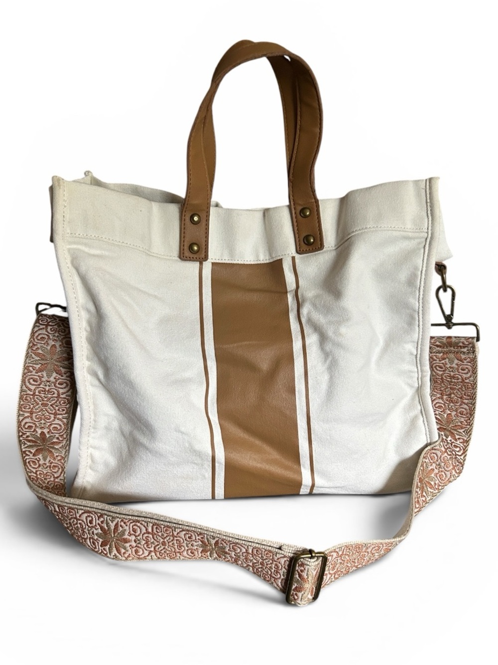 100% Cotton Canvas Off-White Tote Bag with Tan Accent Stripe and Crossbody Strap